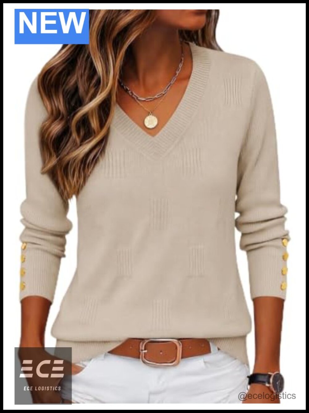 Womens V Neck Pullover Sweater Long Sleeve Lightweight Ribbed Knit Button Cuffs